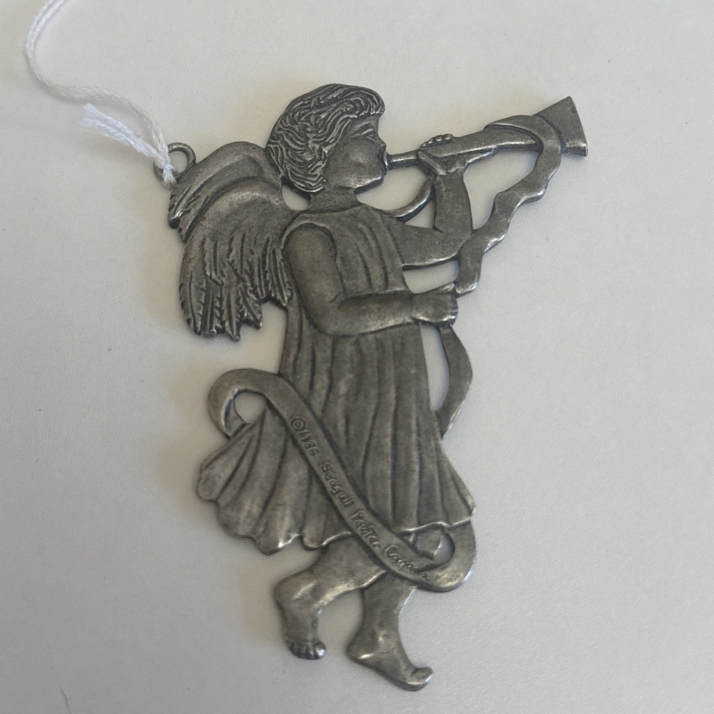 SILVER PEWTER Angel Playing Trumpet ORNAMENT "Seagull Pewter" Signed CANADA